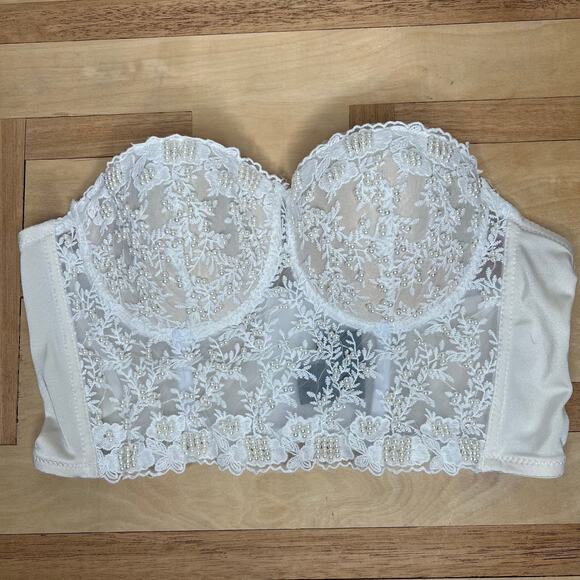 White Hand Beaded Corset Bustier Top Bra Sleeveless Size L Lace Festival Western - Picture 3 of 7
